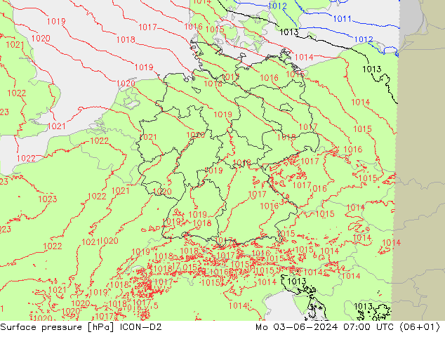 pressão do solo ICON-D2 Seg 03.06.2024 07 UTC