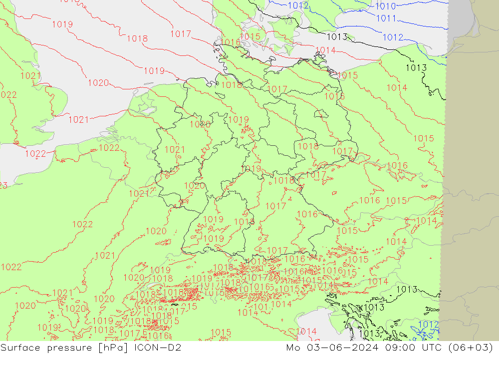 地面气压 ICON-D2 星期一 03.06.2024 09 UTC