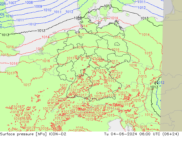 Atmosférický tlak ICON-D2 Út 04.06.2024 06 UTC