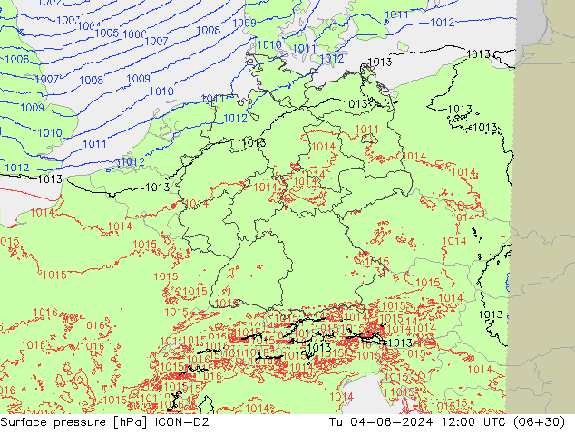 Surface pressure ICON-D2 Tu 04.06.2024 12 UTC