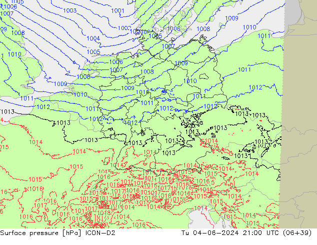 Surface pressure ICON-D2 Tu 04.06.2024 21 UTC