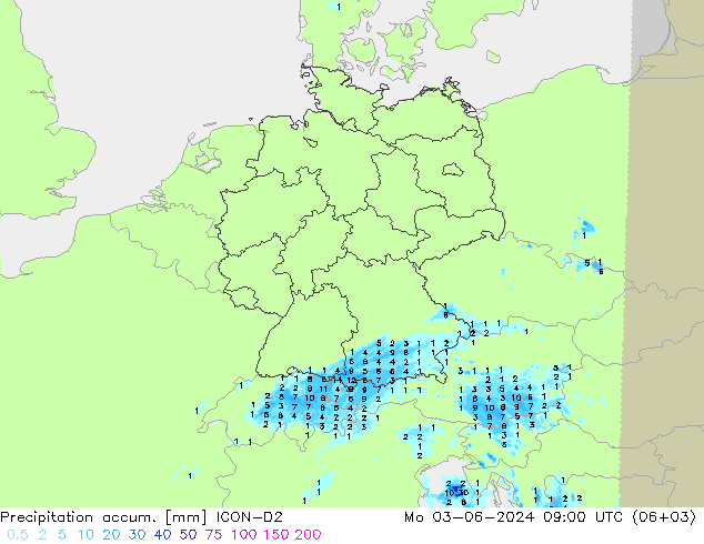 Precipitation accum. ICON-D2 星期一 03.06.2024 09 UTC