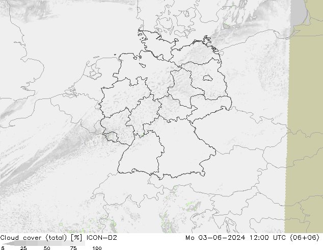 Cloud cover (total) ICON-D2 Mo 03.06.2024 12 UTC