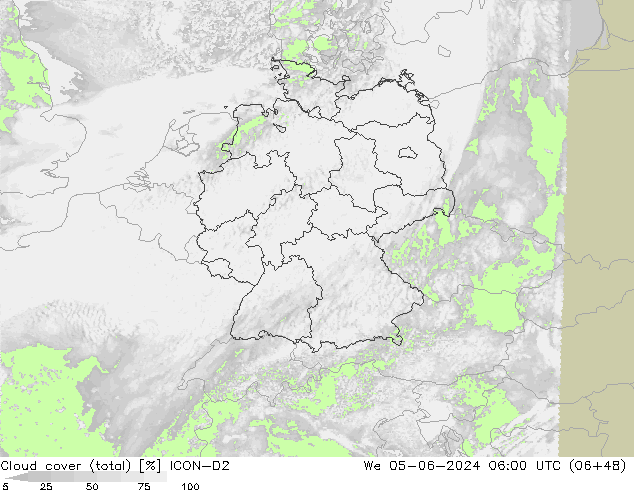nuvens (total) ICON-D2 Qua 05.06.2024 06 UTC