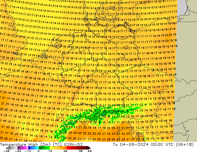 temperatura máx. (2m) ICON-D2 Ter 04.06.2024 00 UTC