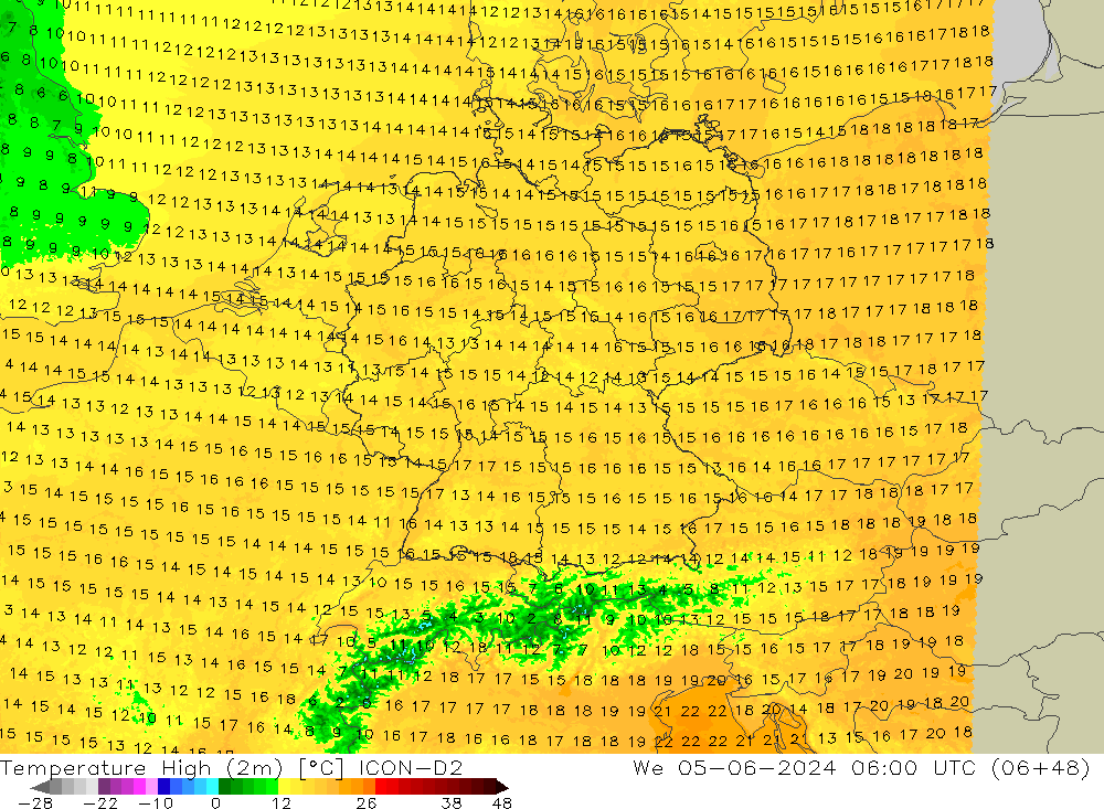 Max.temperatuur (2m) ICON-D2 wo 05.06.2024 06 UTC