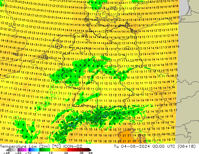 Temperatura mín. (2m) ICON-D2 mar 04.06.2024 00 UTC