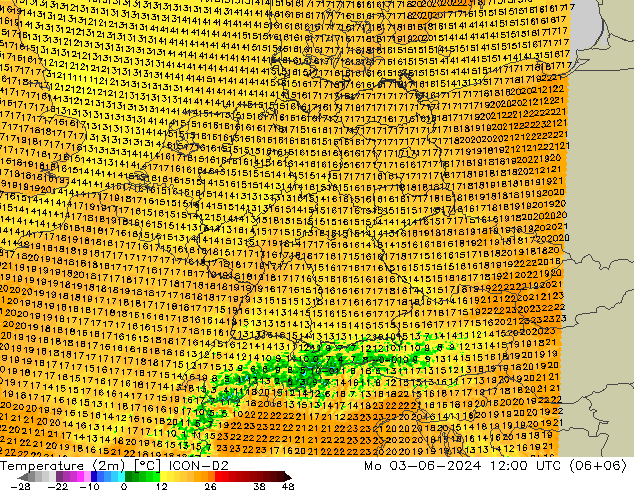 température (2m) ICON-D2 lun 03.06.2024 12 UTC