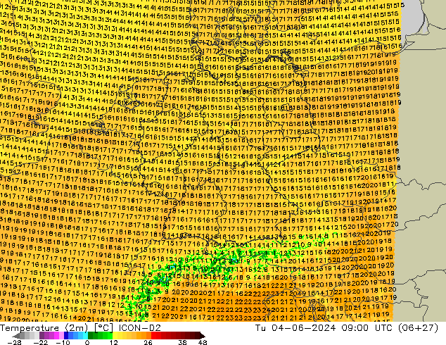 mapa temperatury (2m) ICON-D2 wto. 04.06.2024 09 UTC