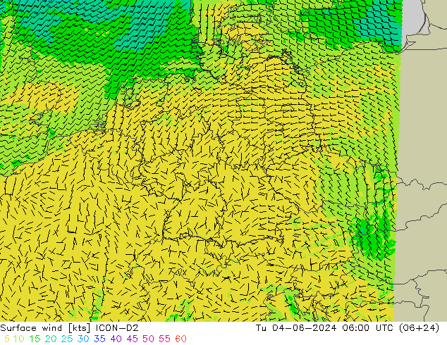 wiatr 10 m ICON-D2 wto. 04.06.2024 06 UTC