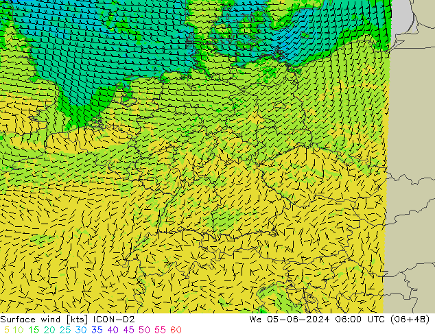 Surface wind ICON-D2 St 05.06.2024 06 UTC