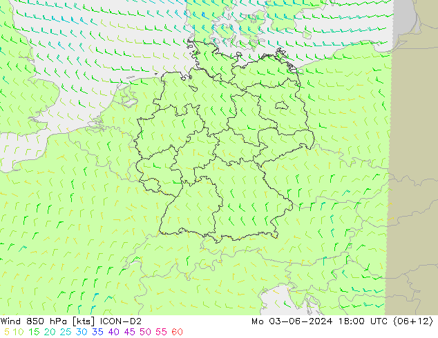 Vento 850 hPa ICON-D2 Seg 03.06.2024 18 UTC