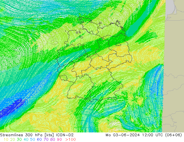 Linha de corrente 300 hPa ICON-D2 Seg 03.06.2024 12 UTC