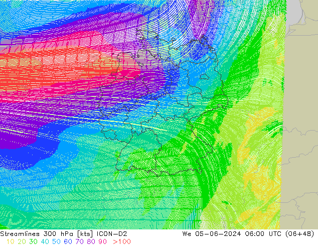 ветер 300 гПа ICON-D2 ср 05.06.2024 06 UTC
