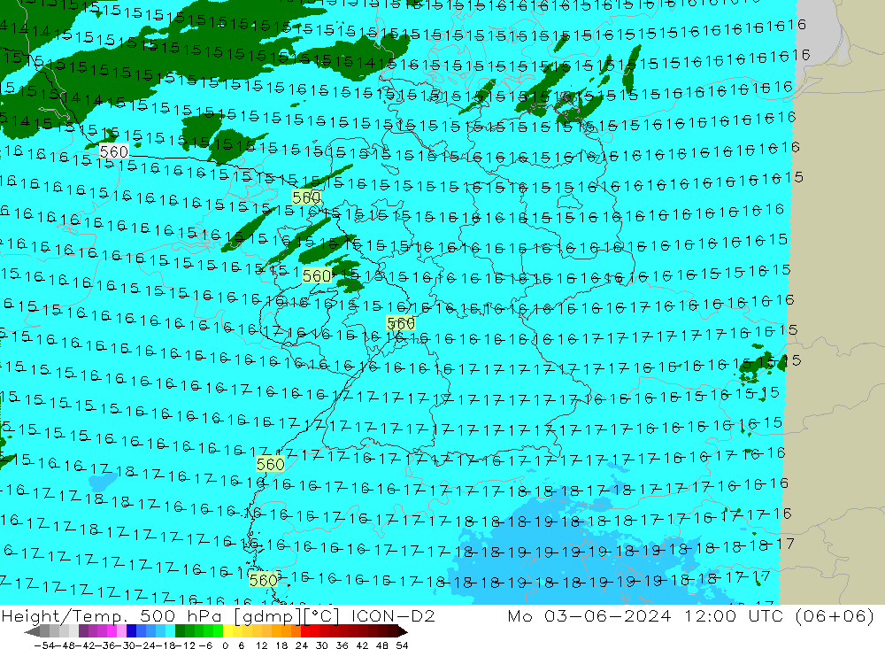 Height/Temp. 500 hPa ICON-D2 星期一 03.06.2024 12 UTC