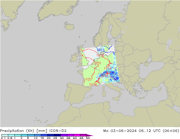 Totale neerslag (6h) ICON-D2 ma 03.06.2024 12 UTC