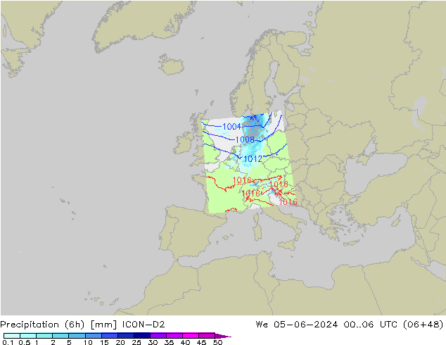 Precipitation (6h) ICON-D2 St 05.06.2024 06 UTC