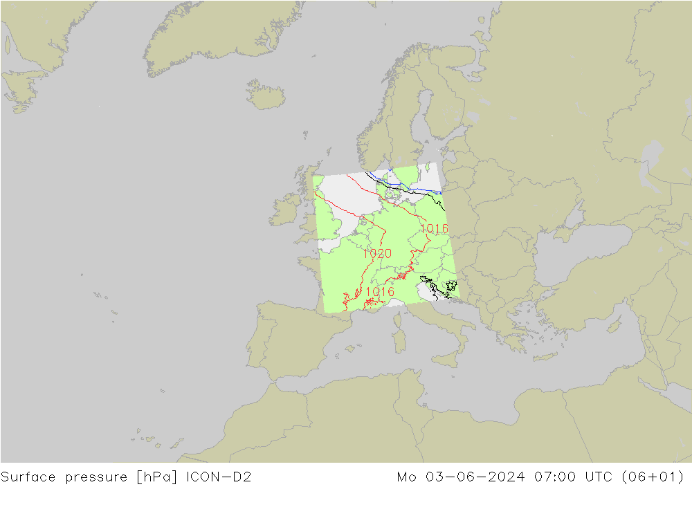 приземное давление ICON-D2 пн 03.06.2024 07 UTC