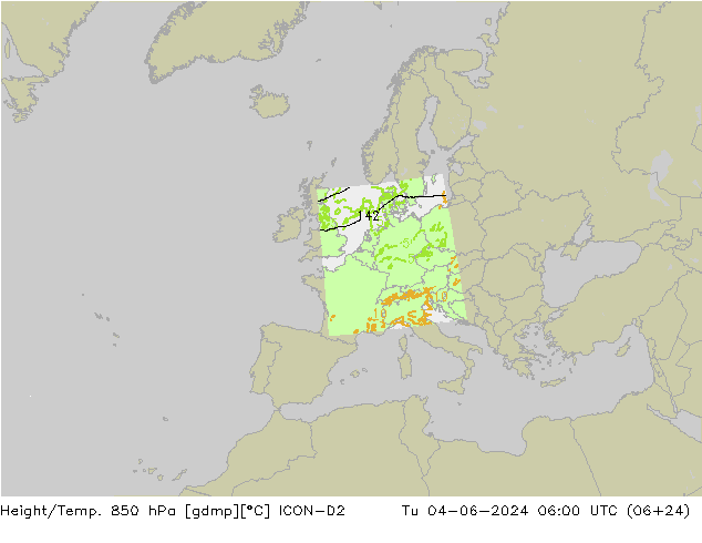 Height/Temp. 850 hPa ICON-D2 Tu 04.06.2024 06 UTC