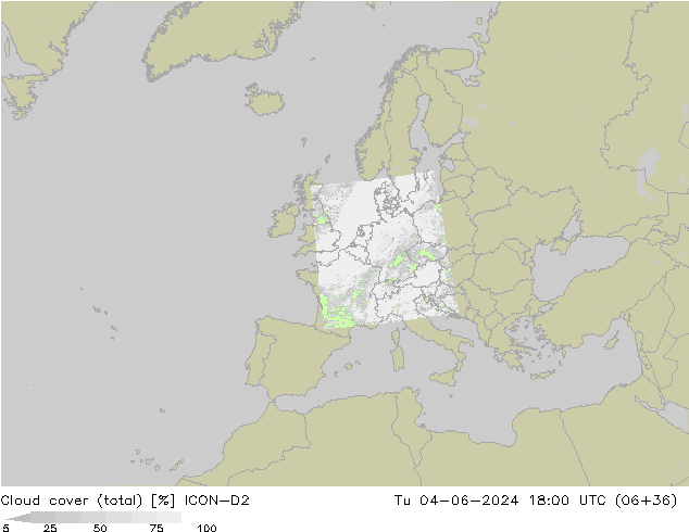 zachmurzenie (suma) ICON-D2 wto. 04.06.2024 18 UTC