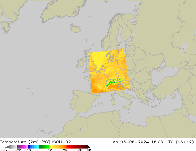 mapa temperatury (2m) ICON-D2 pon. 03.06.2024 18 UTC