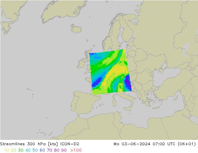 Stroomlijn 300 hPa ICON-D2 ma 03.06.2024 07 UTC