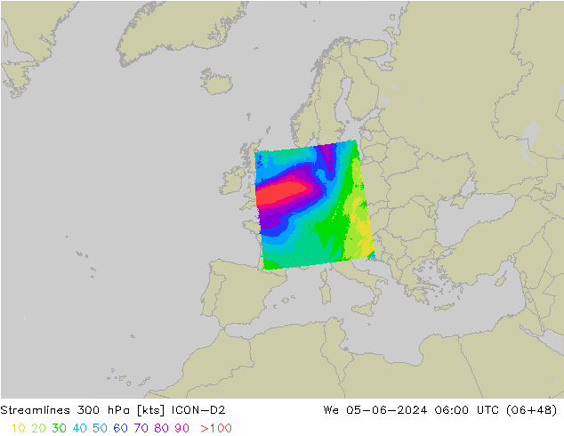 Stromlinien 300 hPa ICON-D2 Mi 05.06.2024 06 UTC