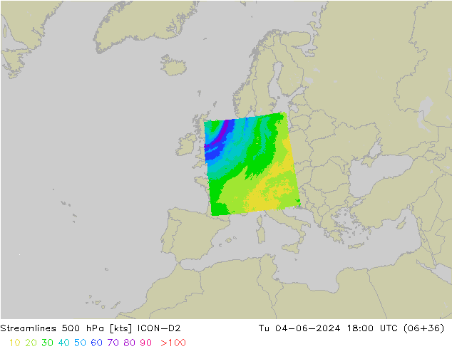 Línea de corriente 500 hPa ICON-D2 mar 04.06.2024 18 UTC