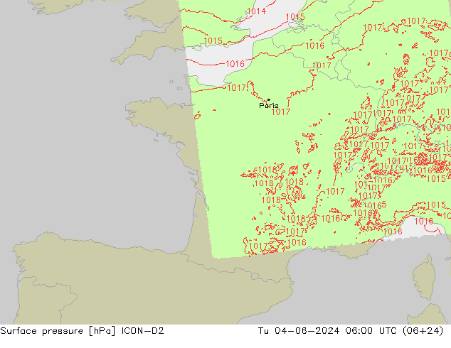 Bodendruck ICON-D2 Di 04.06.2024 06 UTC