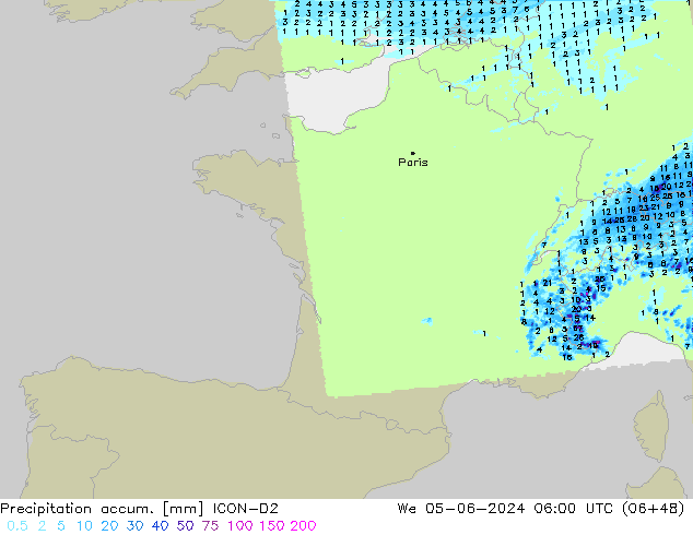 Precipitation accum. ICON-D2 St 05.06.2024 06 UTC