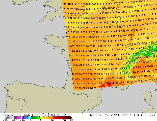 Höchstwerte (2m) ICON-D2 Mo 03.06.2024 18 UTC