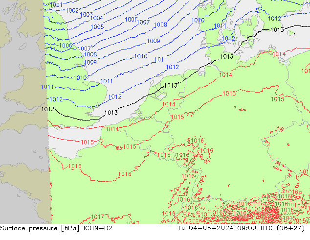 Surface pressure ICON-D2 Tu 04.06.2024 09 UTC