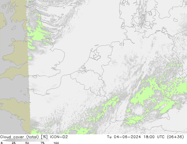 zachmurzenie (suma) ICON-D2 wto. 04.06.2024 18 UTC