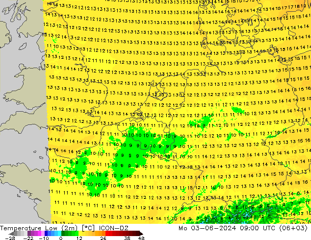 Min. Temperatura (2m) ICON-D2 pon. 03.06.2024 09 UTC