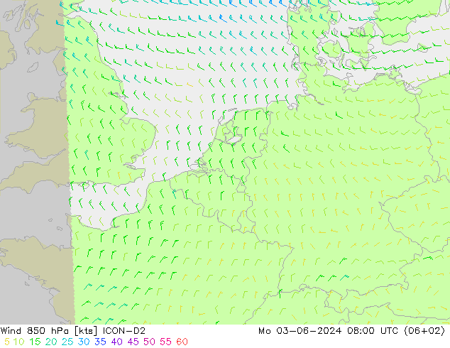 ветер 850 гПа ICON-D2 пн 03.06.2024 08 UTC