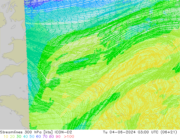 Línea de corriente 300 hPa ICON-D2 mar 04.06.2024 03 UTC