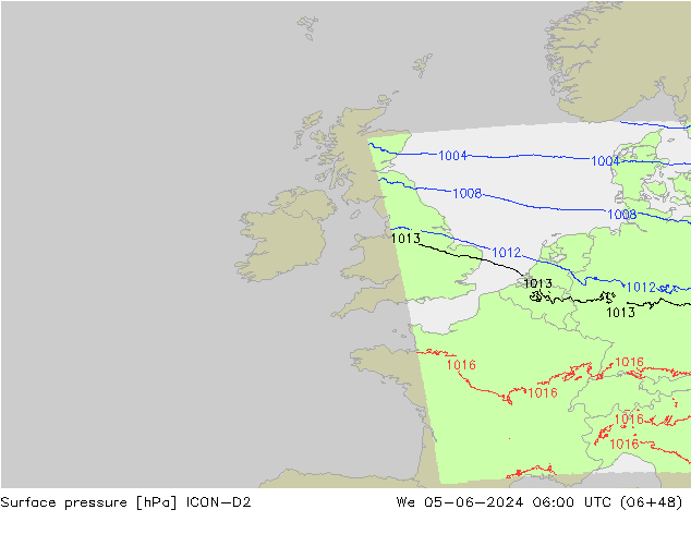 Surface pressure ICON-D2 We 05.06.2024 06 UTC