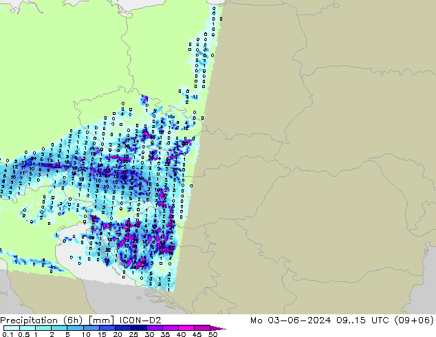 Precipitation (6h) ICON-D2 Po 03.06.2024 15 UTC