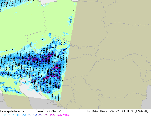 Précipitation accum. ICON-D2 mar 04.06.2024 21 UTC