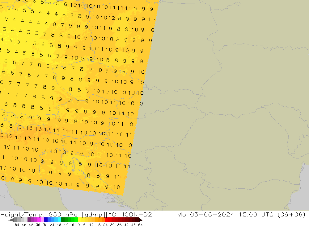 Yükseklik/Sıc. 850 hPa ICON-D2 Pzt 03.06.2024 15 UTC