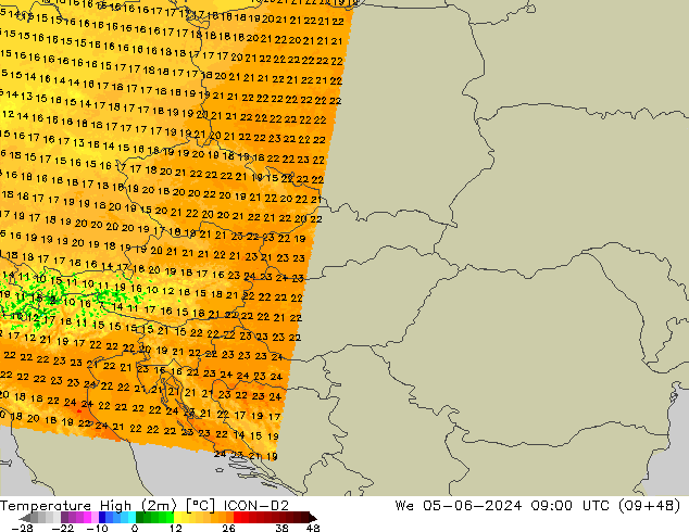 Temperature High (2m) ICON-D2 We 05.06.2024 09 UTC