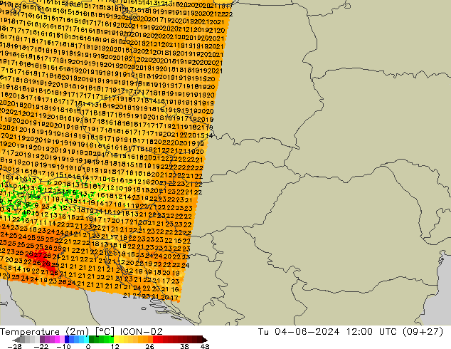Temperature (2m) ICON-D2 Tu 04.06.2024 12 UTC
