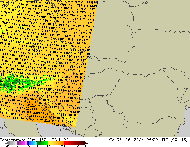 Temperature (2m) ICON-D2 We 05.06.2024 06 UTC