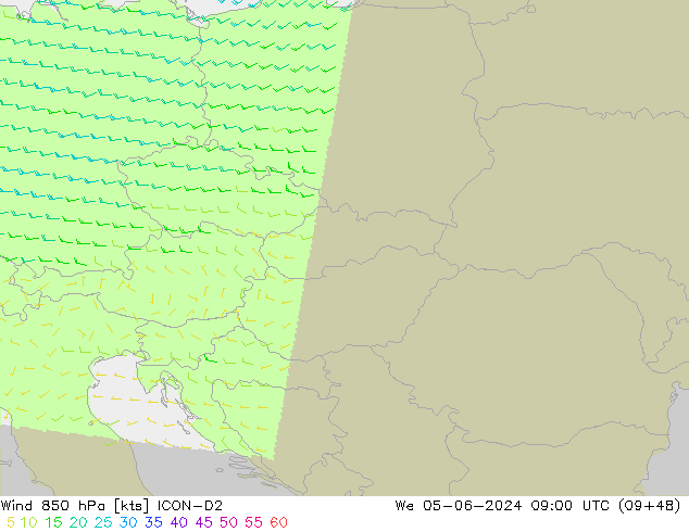 Viento 850 hPa ICON-D2 mié 05.06.2024 09 UTC