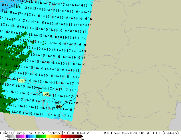 Géop./Temp. 500 hPa ICON-D2 mer 05.06.2024 06 UTC