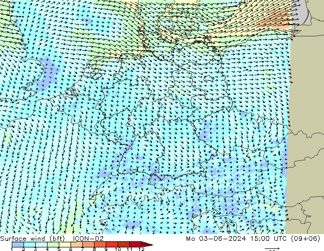 Surface wind (bft) ICON-D2 Mo 03.06.2024 15 UTC