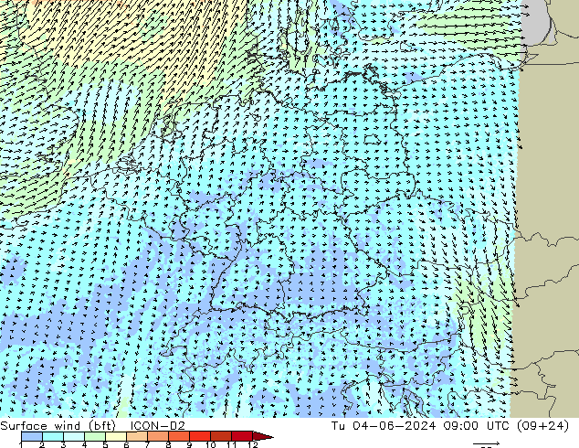 Surface wind (bft) ICON-D2 Tu 04.06.2024 09 UTC