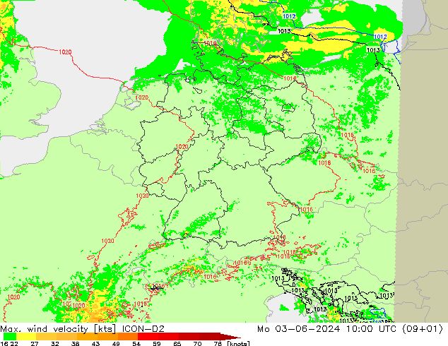 Max. wind velocity ICON-D2 lun 03.06.2024 10 UTC