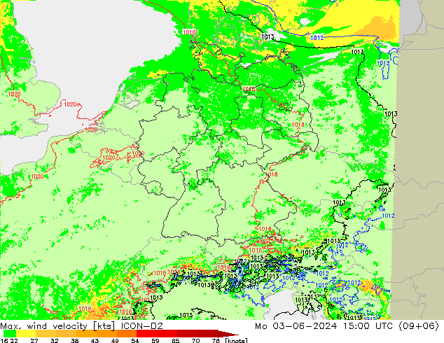 Max. wind velocity ICON-D2 lun 03.06.2024 15 UTC