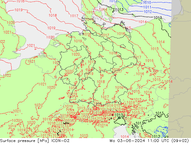 Surface pressure ICON-D2 Mo 03.06.2024 11 UTC